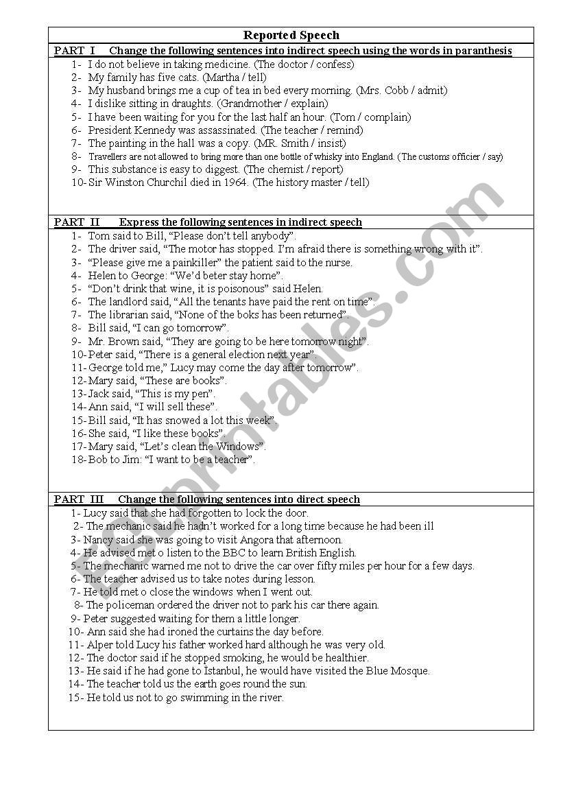 Direct Indirect Speech worksheet