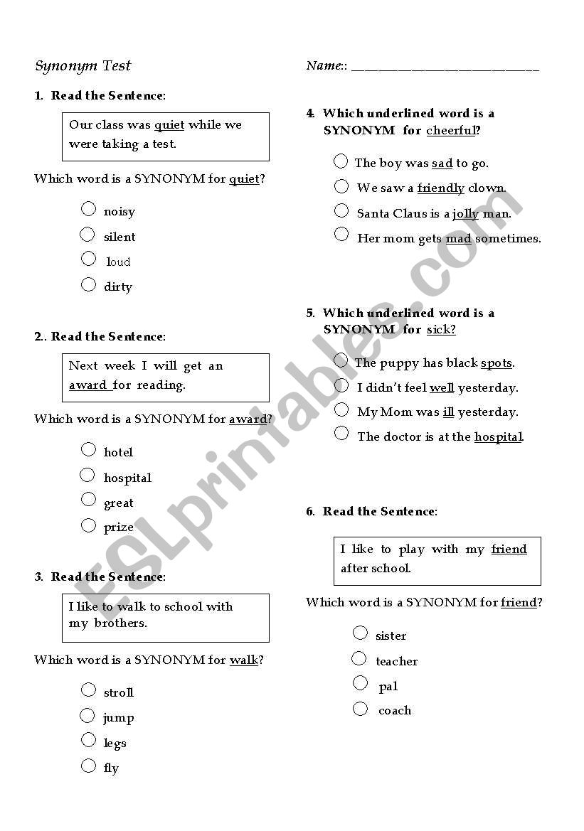 Synonym Test: 2nd Grade worksheet