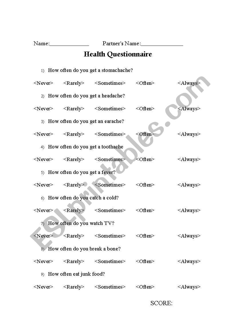 Health Questionnaire & Adverbs of Frequency Review