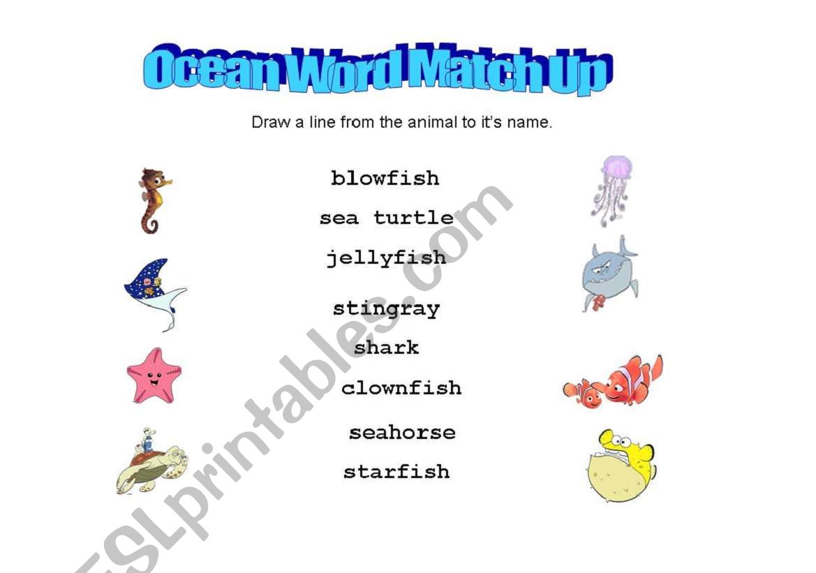 Ocean Animals Word Match worksheet