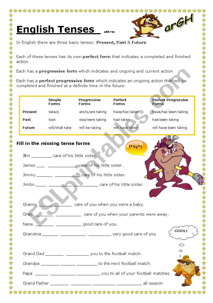 English Tenses with Taz worksheet