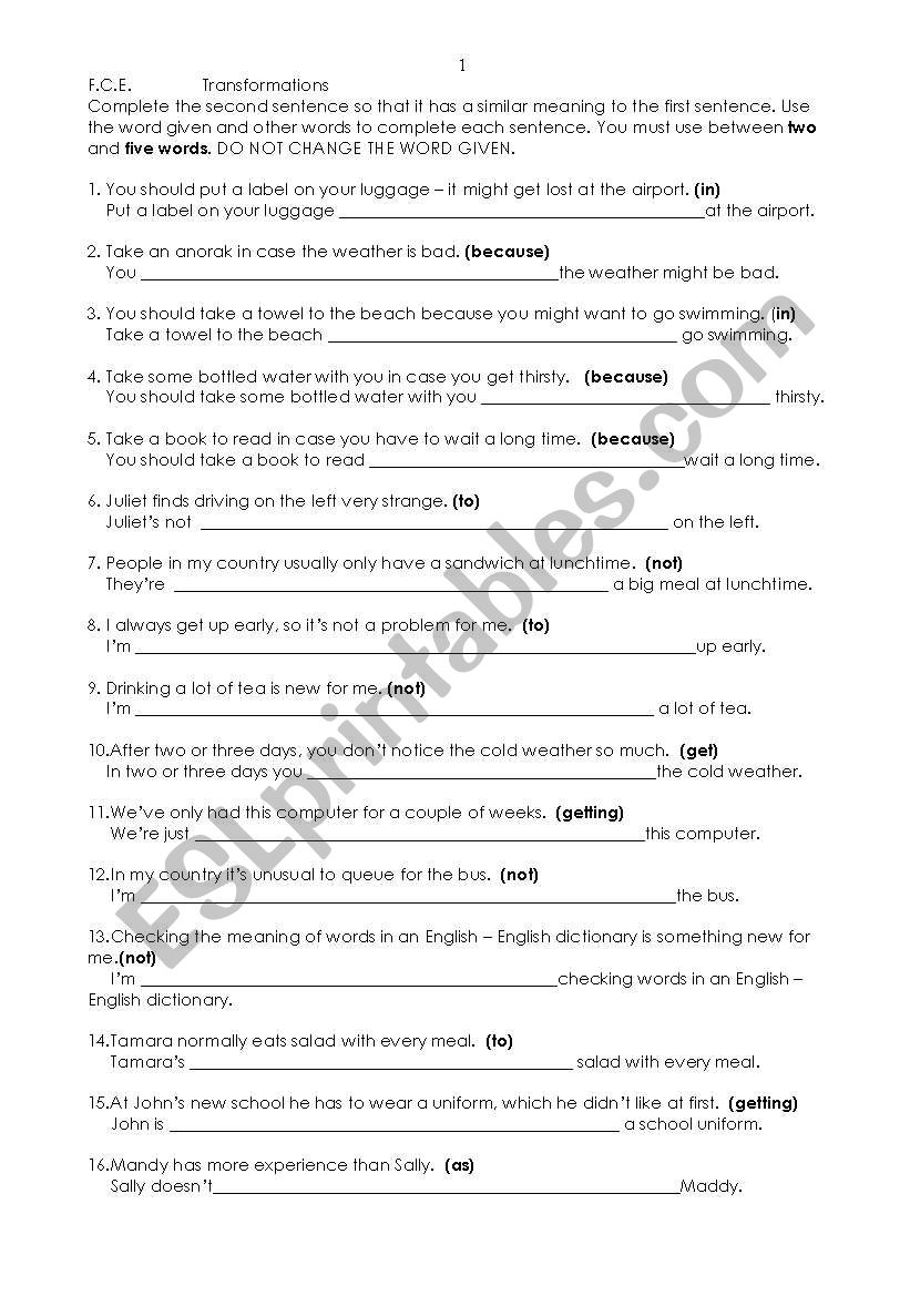 FCE Transformations worksheet