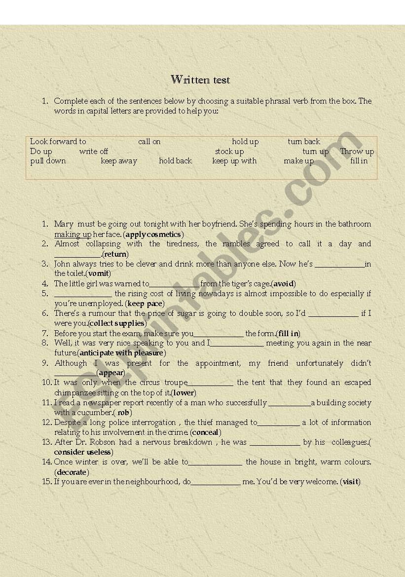 Written test- phrasal verbs worksheet