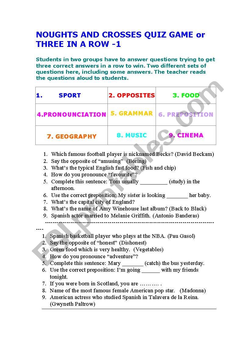 Three in a Row worksheet