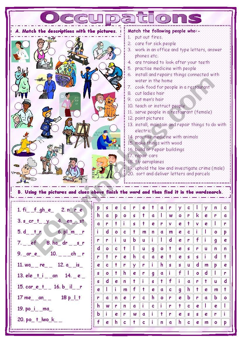 Match & Find Occupations Worksheet