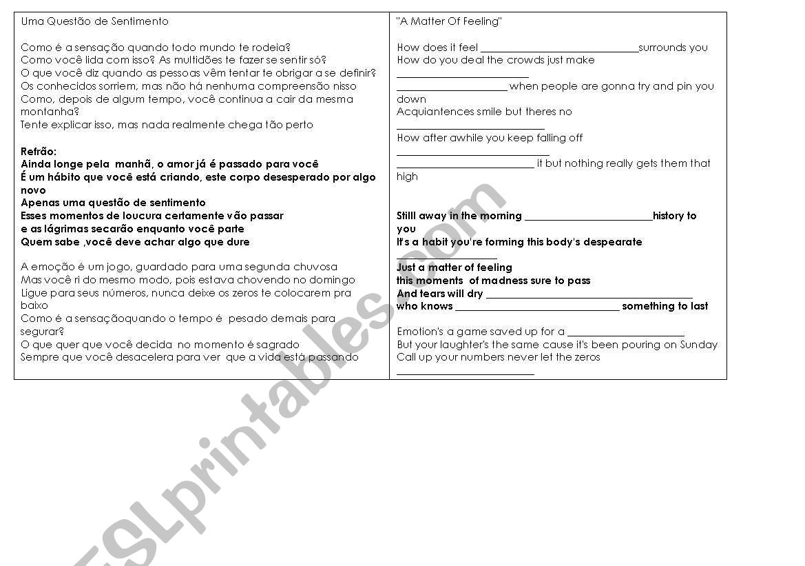 A MATTER OF FEELING( SONG) worksheet