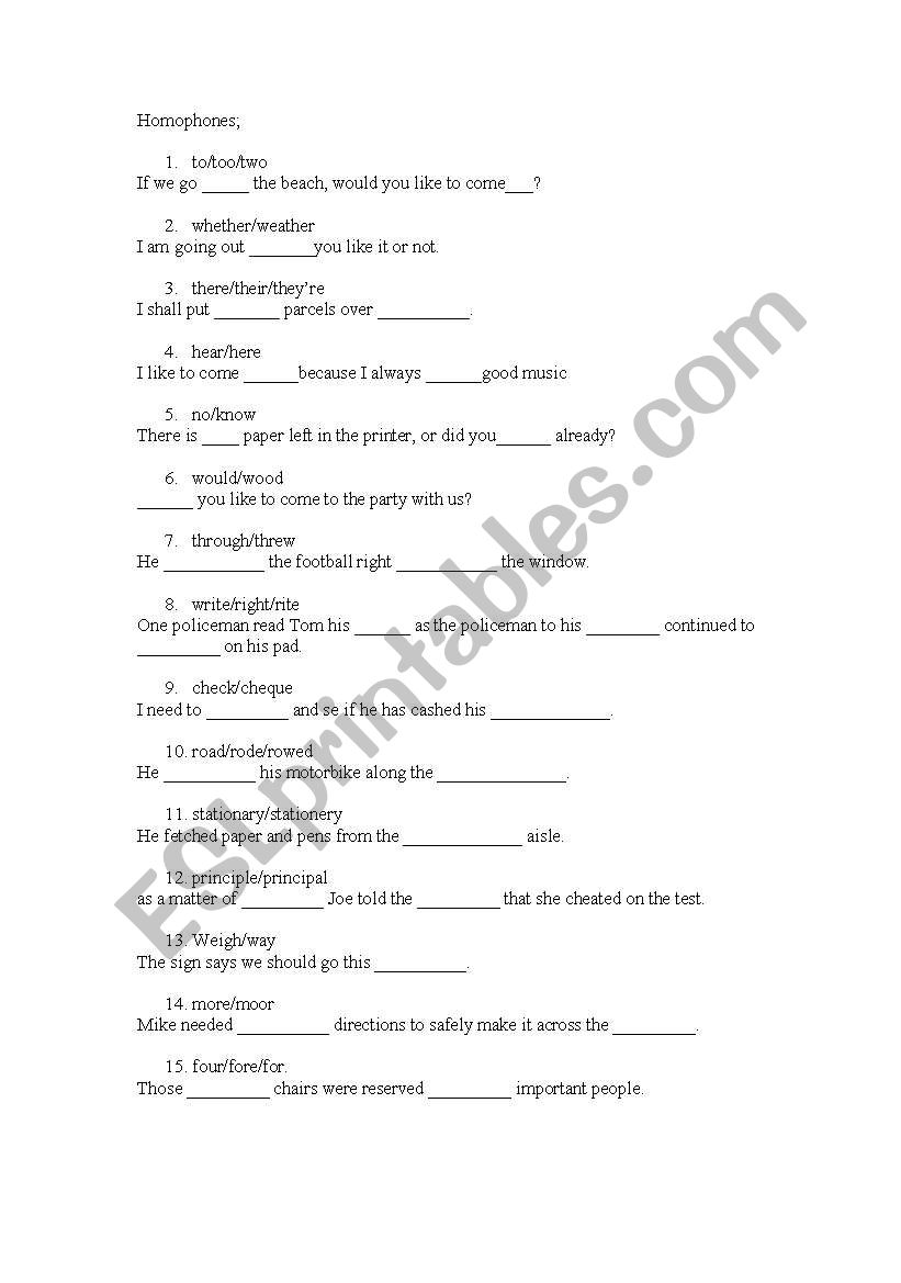 Homophone examples worksheet