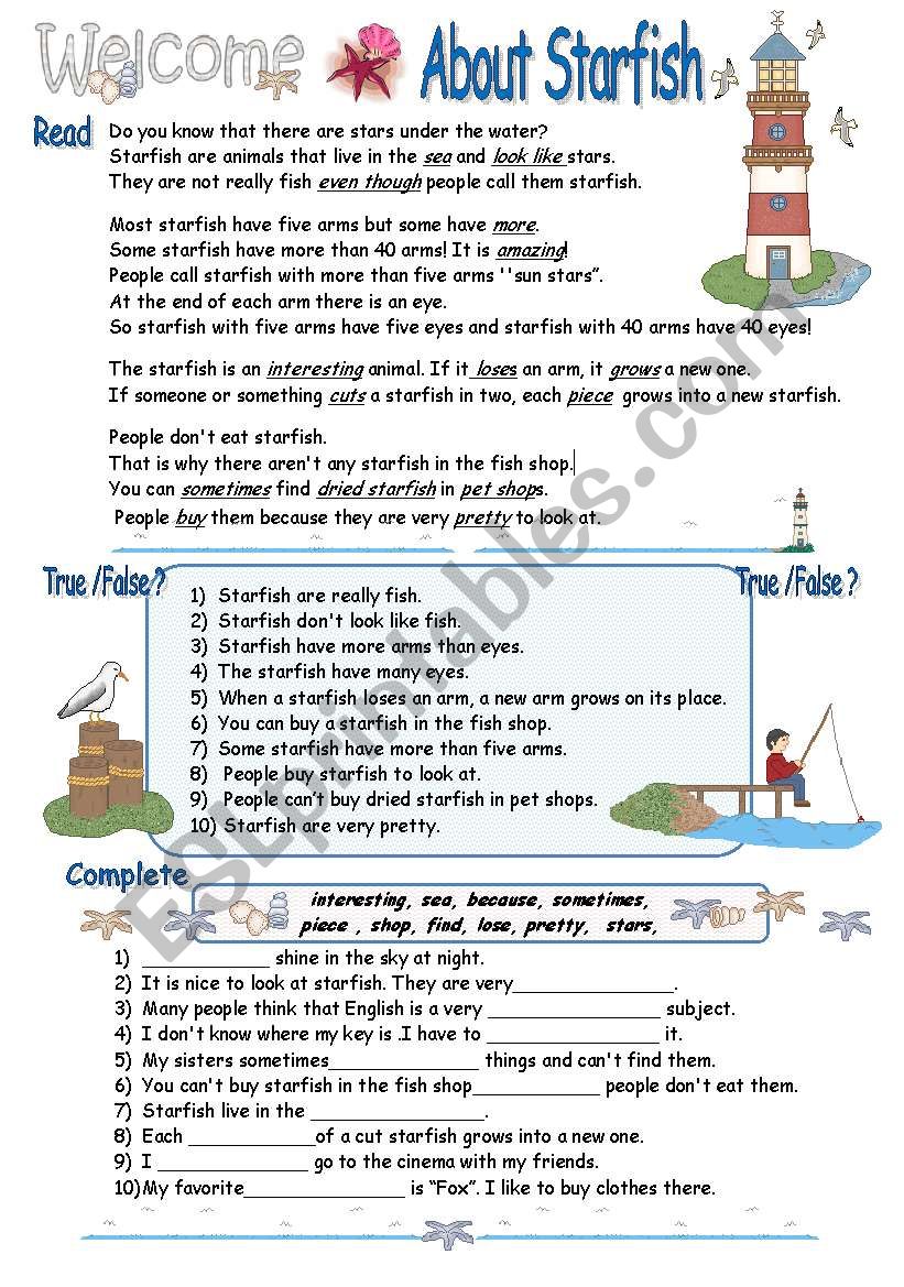 Sea animals : About Starfish  / 5th-6th grade    ( 2 pages) 