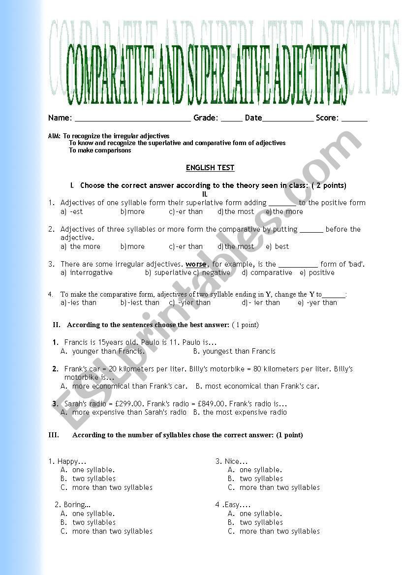 Comparative and superlative adjective