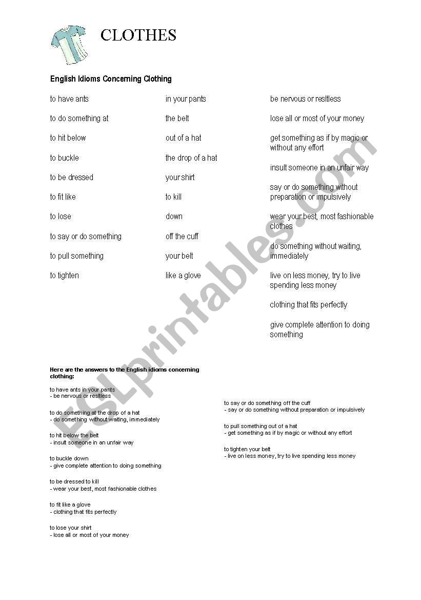 Clothing - Idioms worksheet