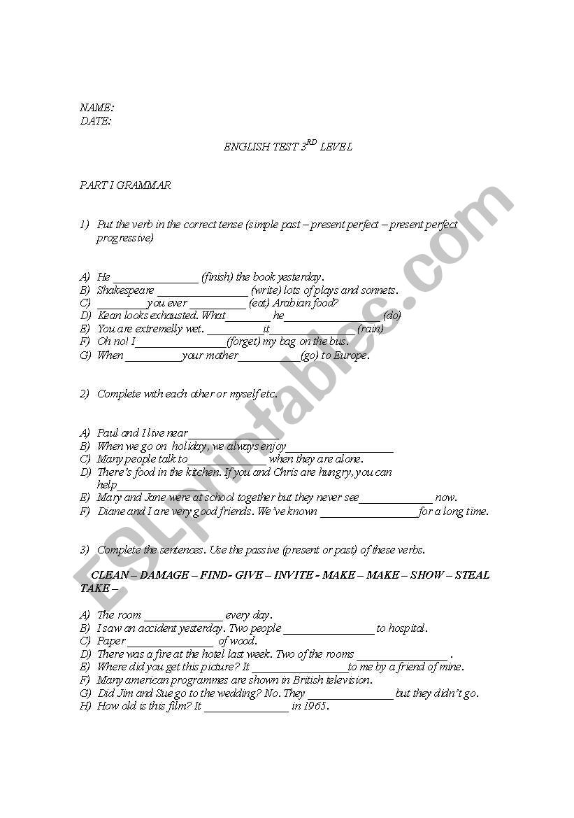 english test worksheet