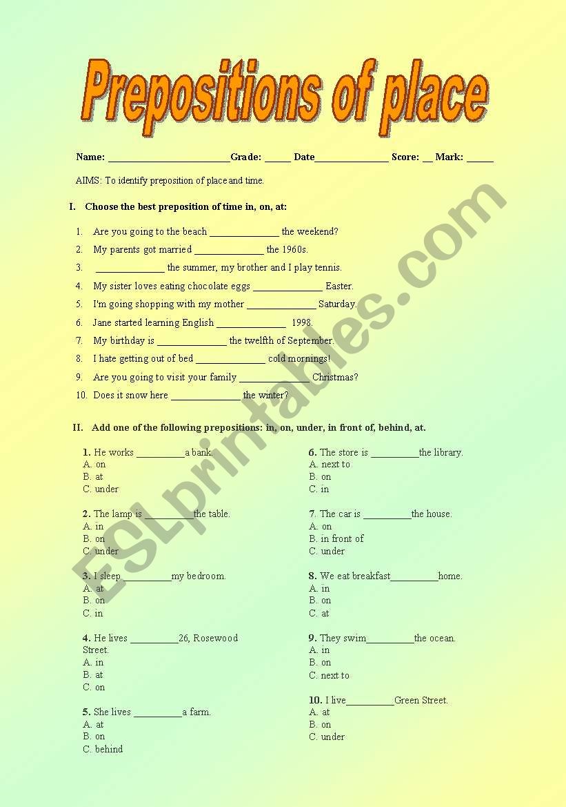 Preposition of place worksheet