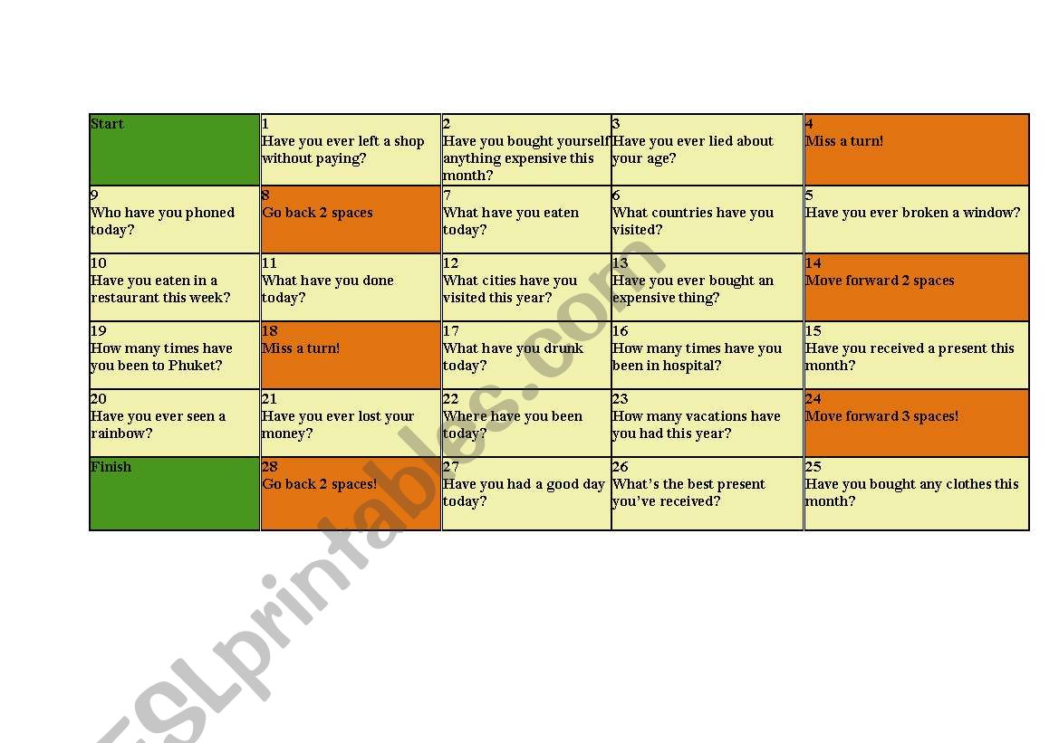 present perfect tense boardgame