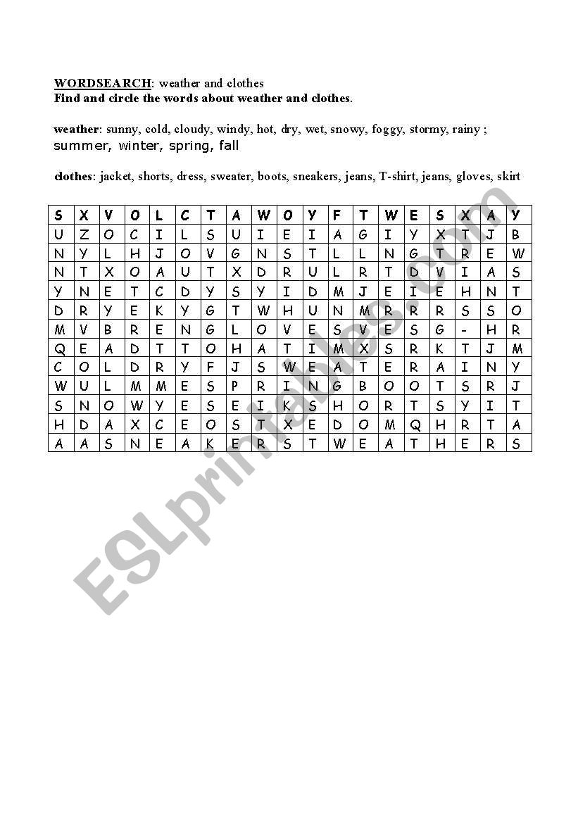 Wordsearch_weather & clothes worksheet
