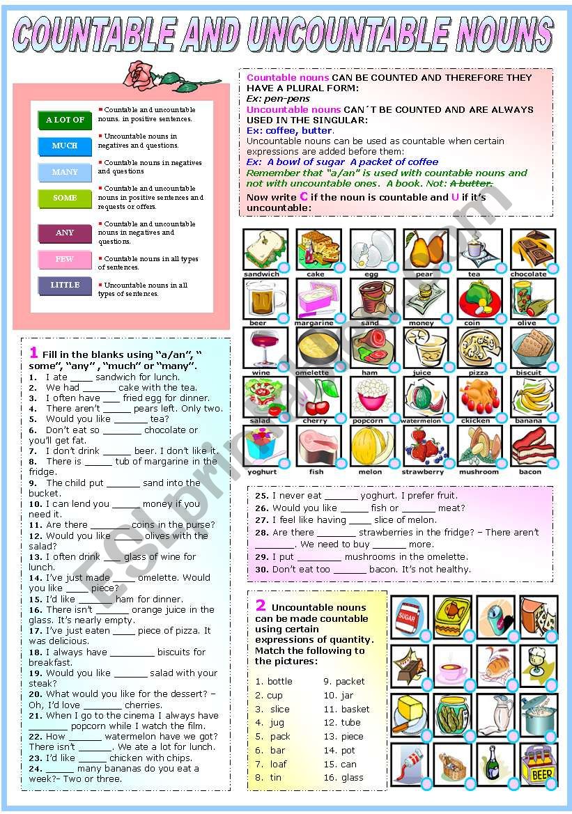 COUNTABLE AND UNCOUNTABLE NOUNS- TWO PAGES (B&W VERSION INCLUDED)