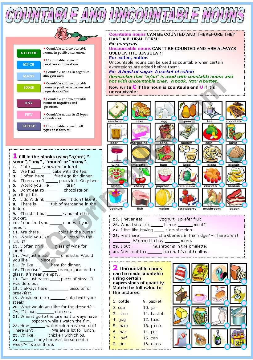 COUNTABLE AND UNCOUNTABLE NOUNS- TWO PAGES (B&W VERSION INCLUDED)