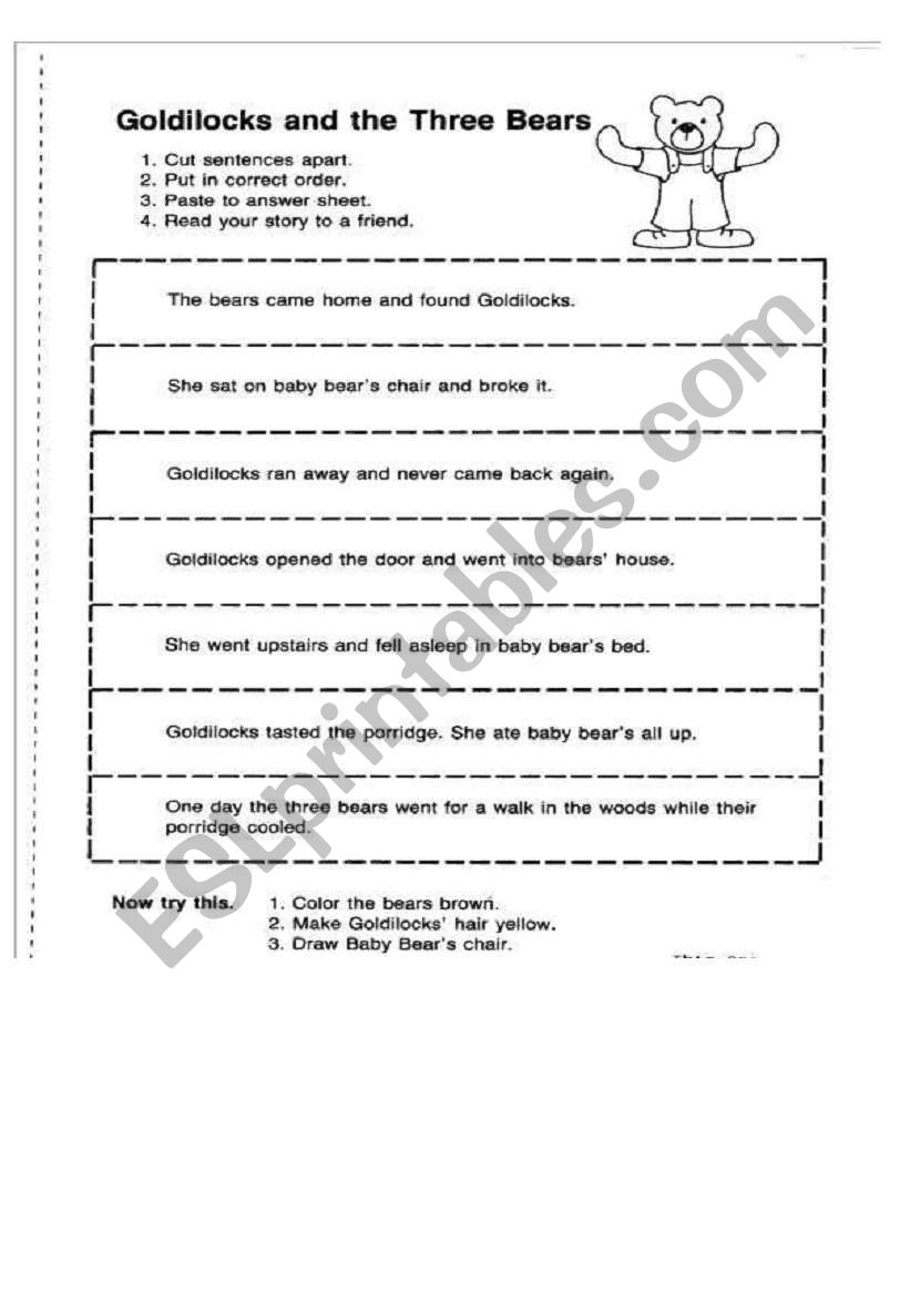 GOLDILOCKS s story worksheet