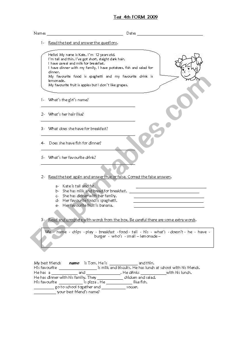 Test about food worksheet