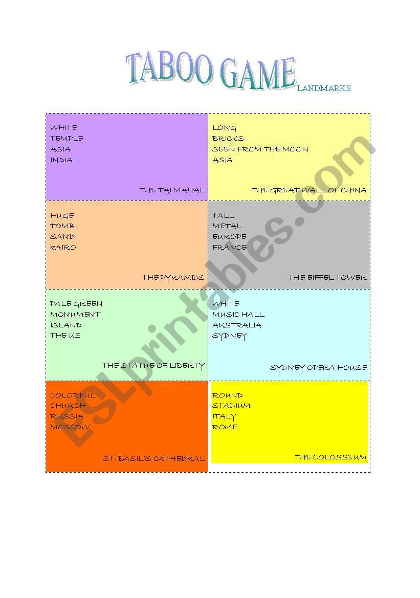 landmarks taboo game worksheet