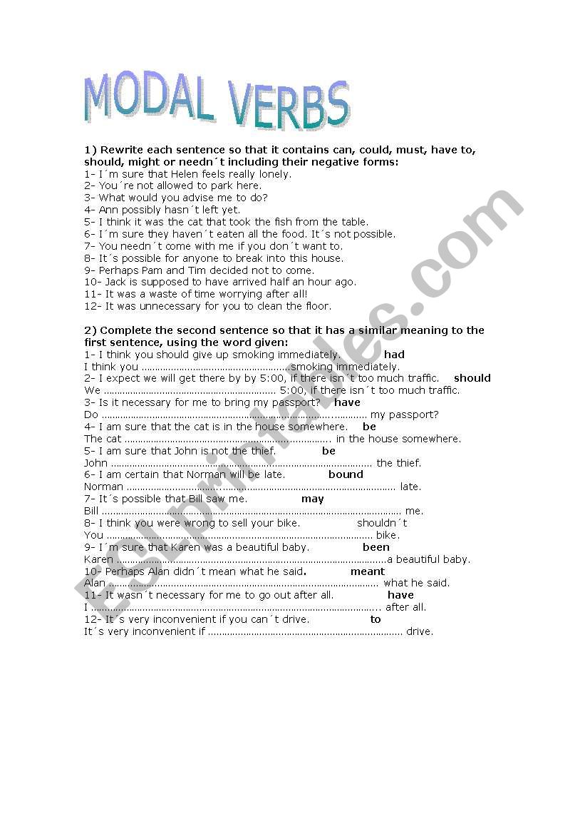 modal and modal perfect worksheet