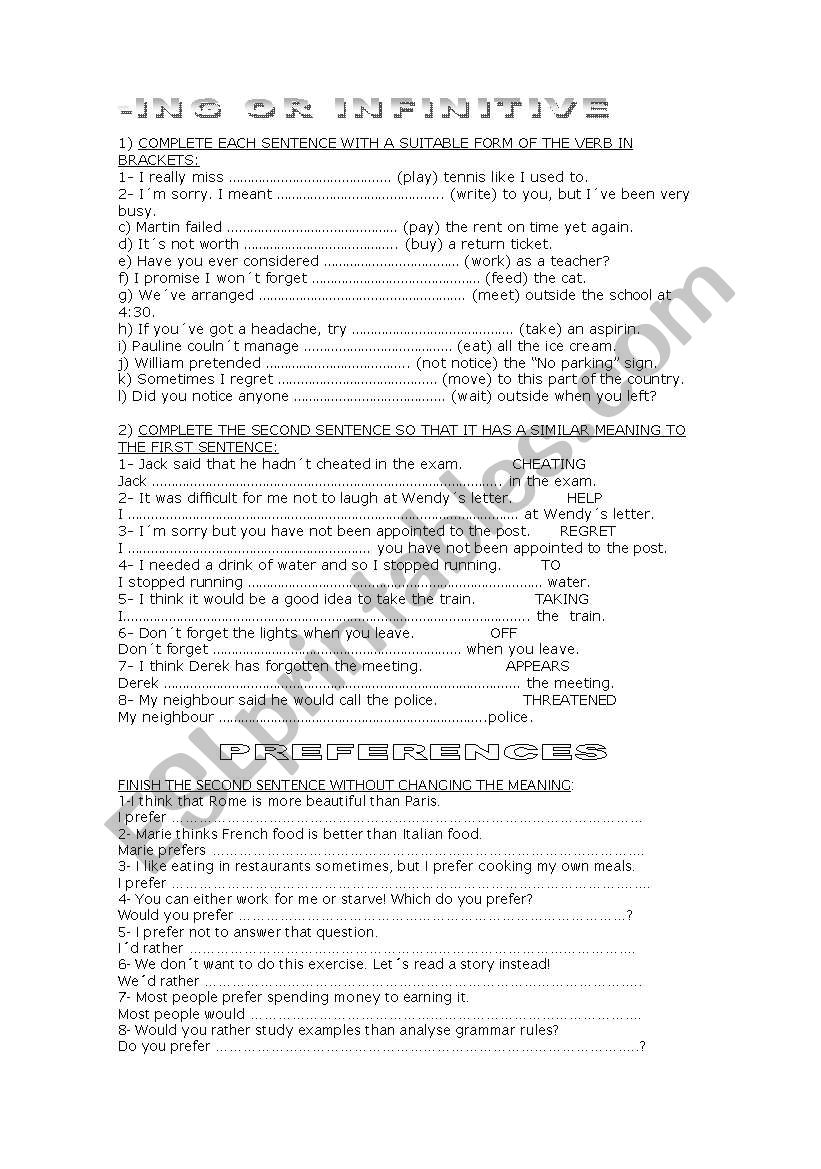 Gerunds and infinitives worksheet