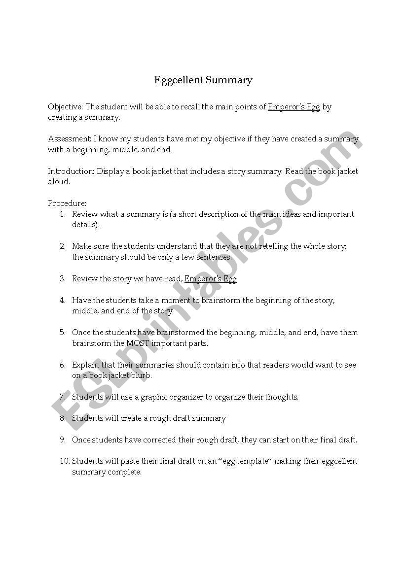 Eggcellent Summary worksheet