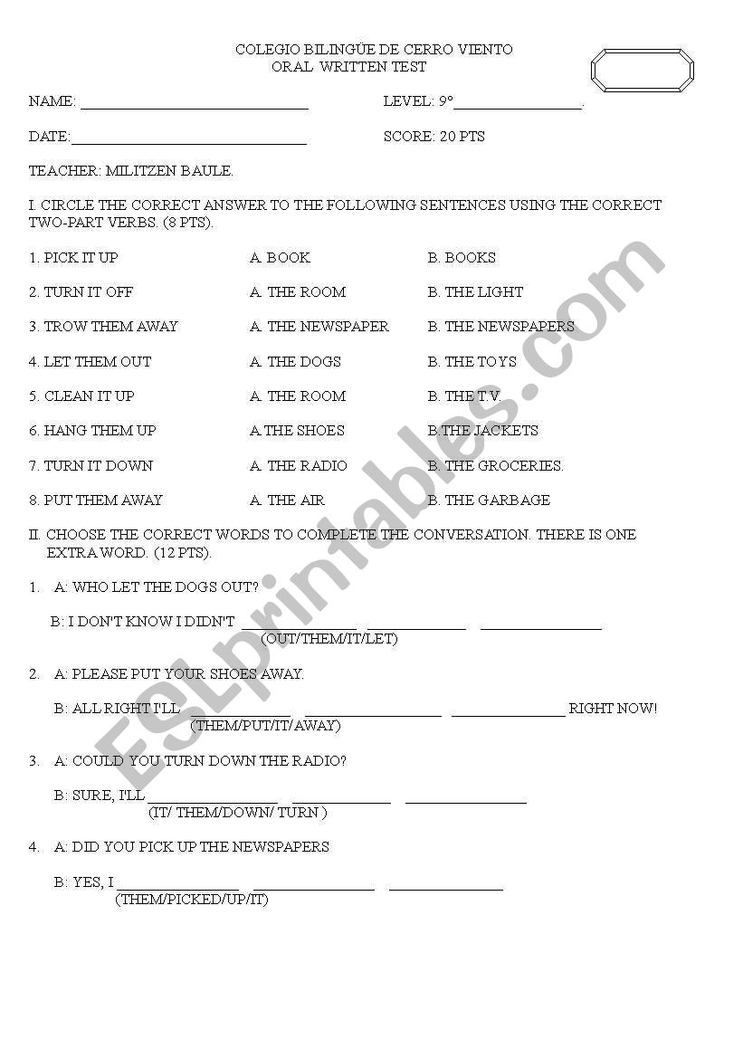 two part verbs worksheet