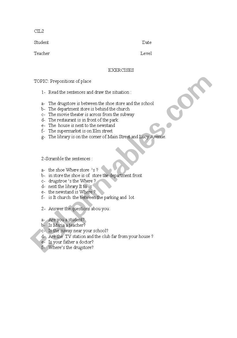 Preposition of places worksheet