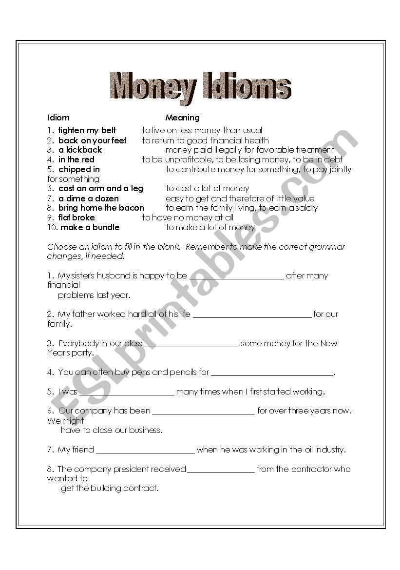 Money Idioms worksheet