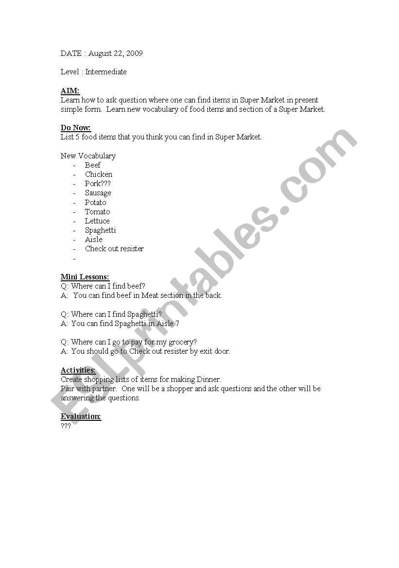 Shop at American Super Market worksheet