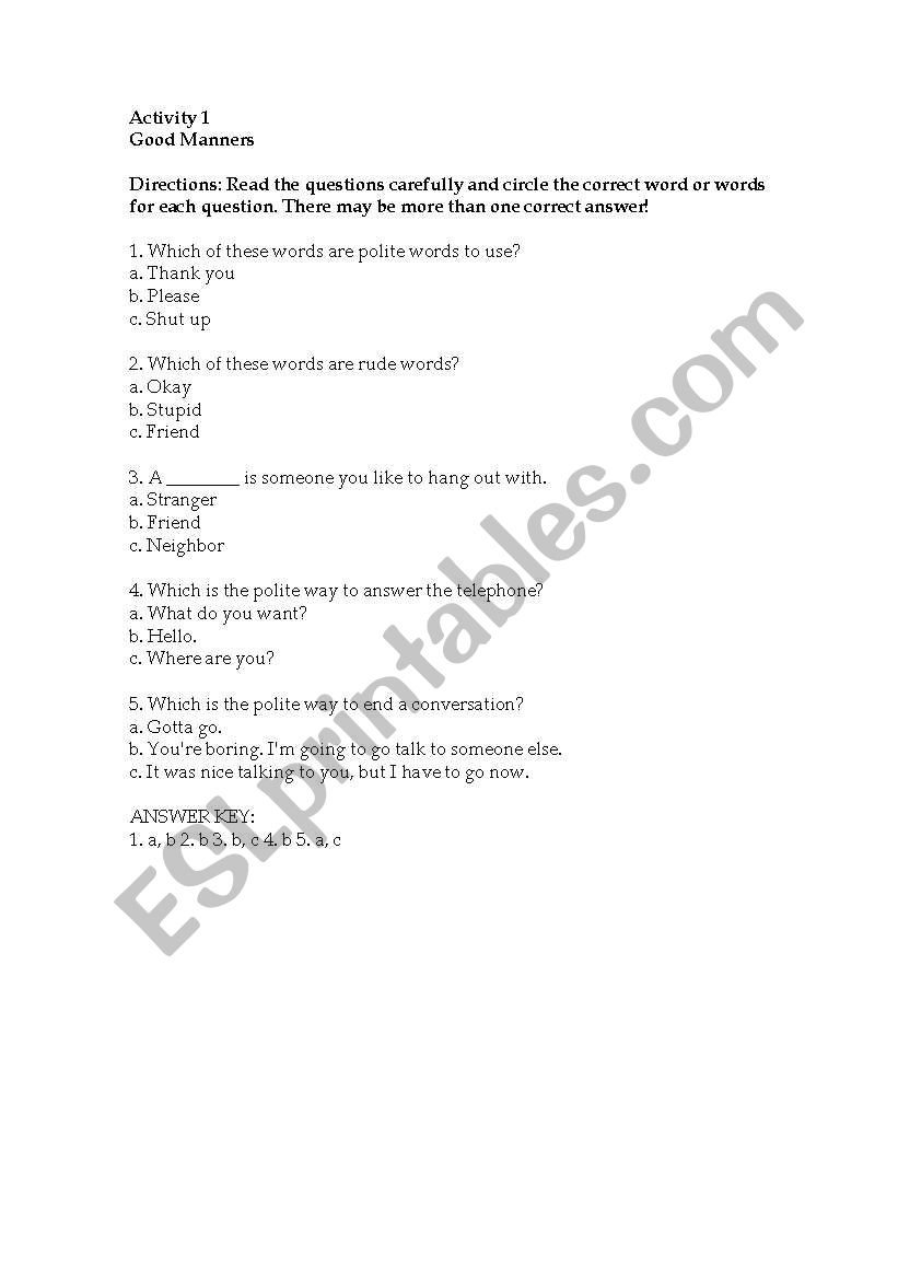 test on good maners worksheet