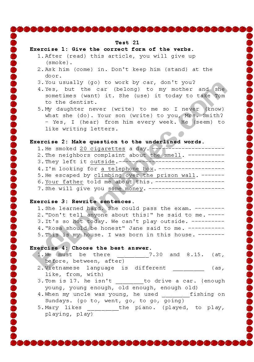 English Test 21 worksheet