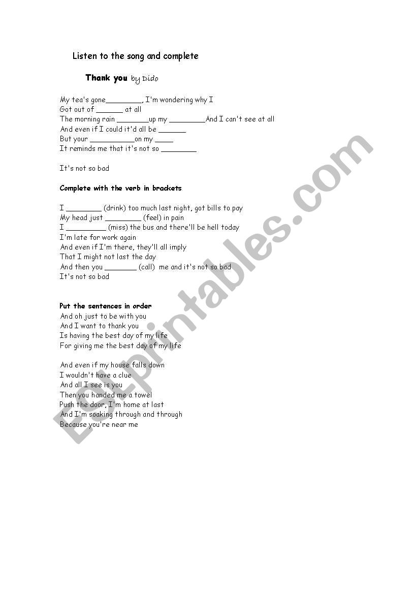 THANK YOU by DIDO worksheet