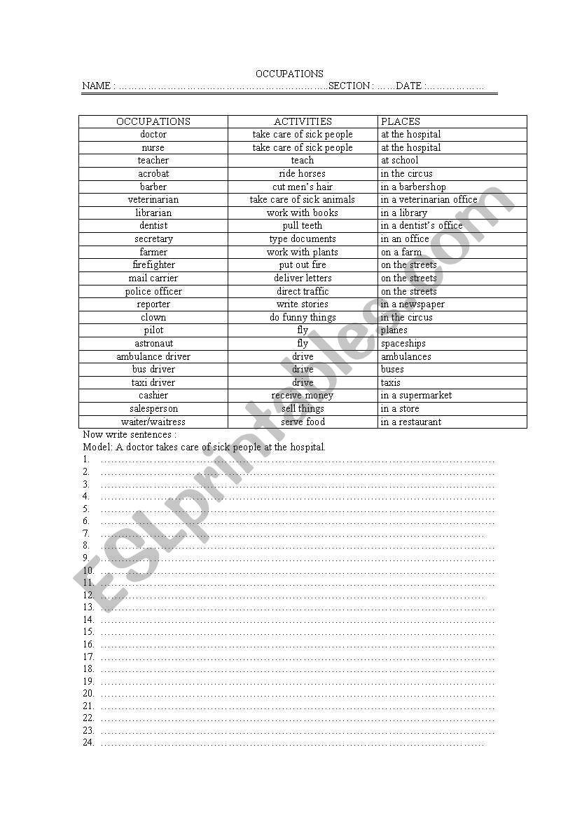 jobs and occupations worksheet