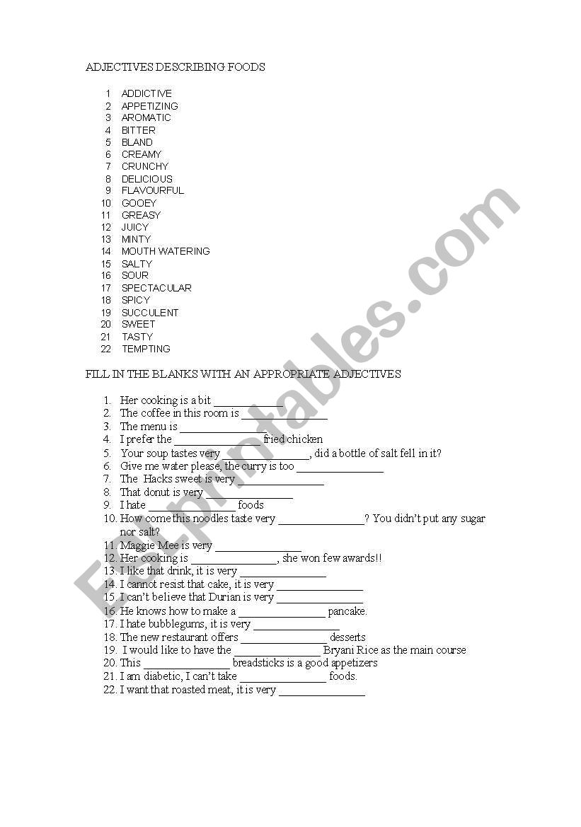 ADJECTIVES DESCRIBING FOODS worksheet