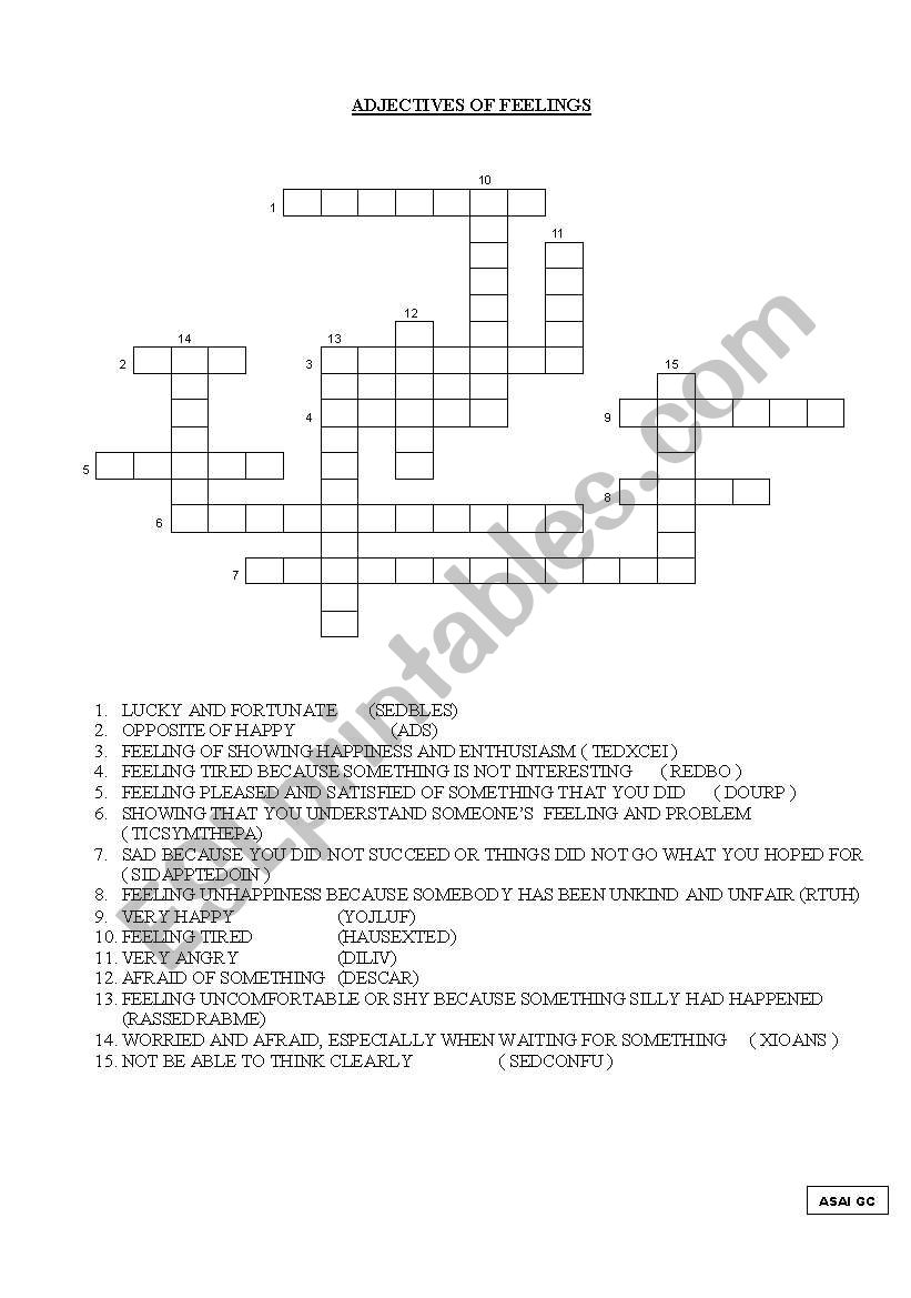 ADJECTIVES OF FEELINGS CROSSWORD PUZZLE