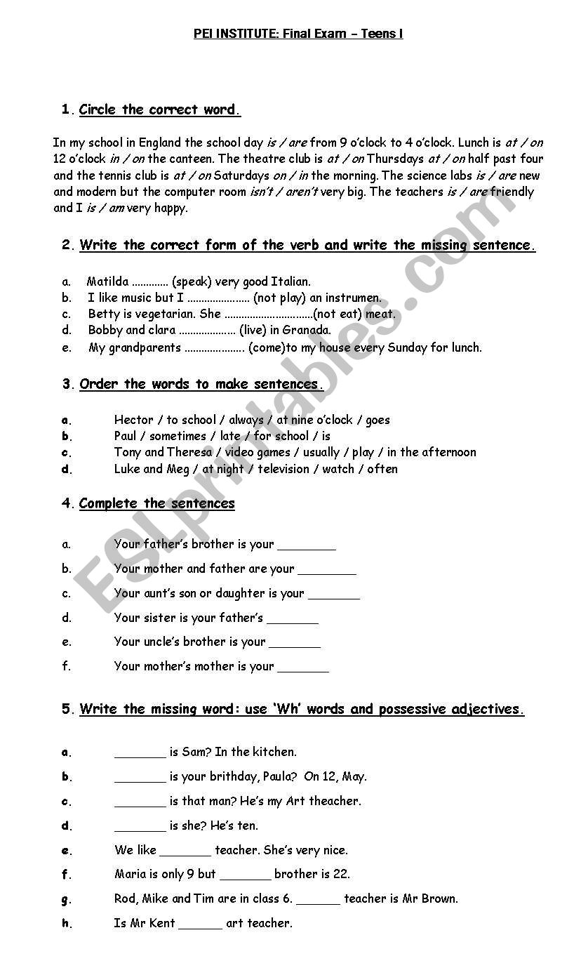 Final exam worksheet