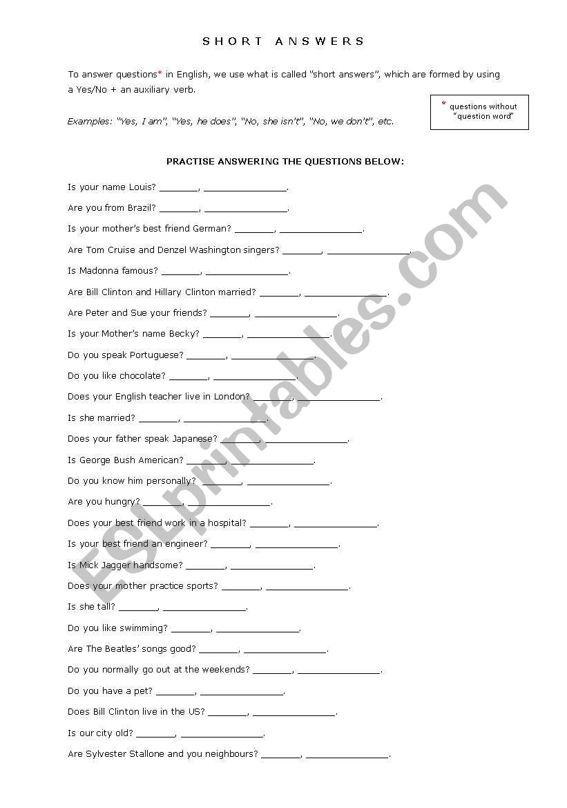 SHORT ANSWERS worksheet