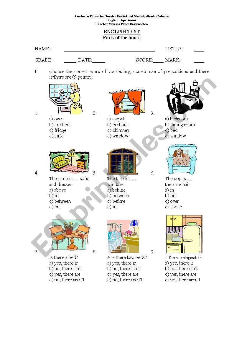 Parts of the house  worksheet