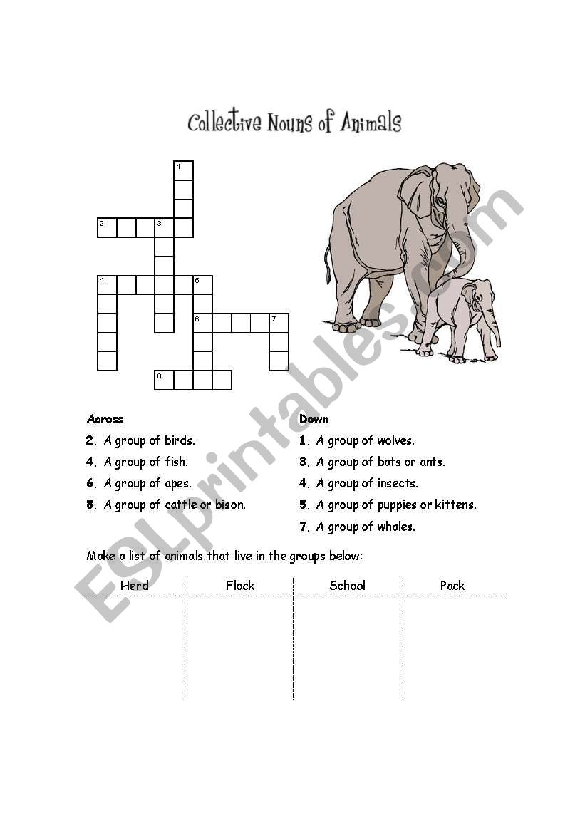English worksheets: Crossword Collective Nouns Animals