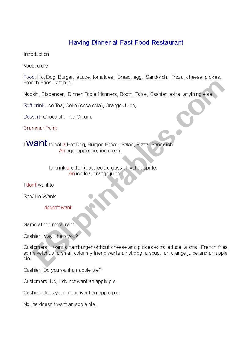 Fast Food Lesson Plan worksheet