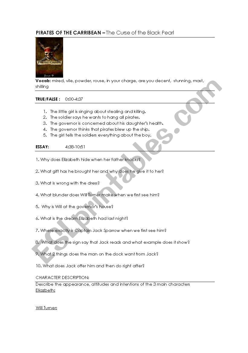 pirates of the carribean worksheet