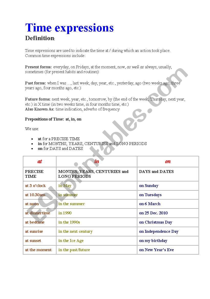 Time Expressions worksheet