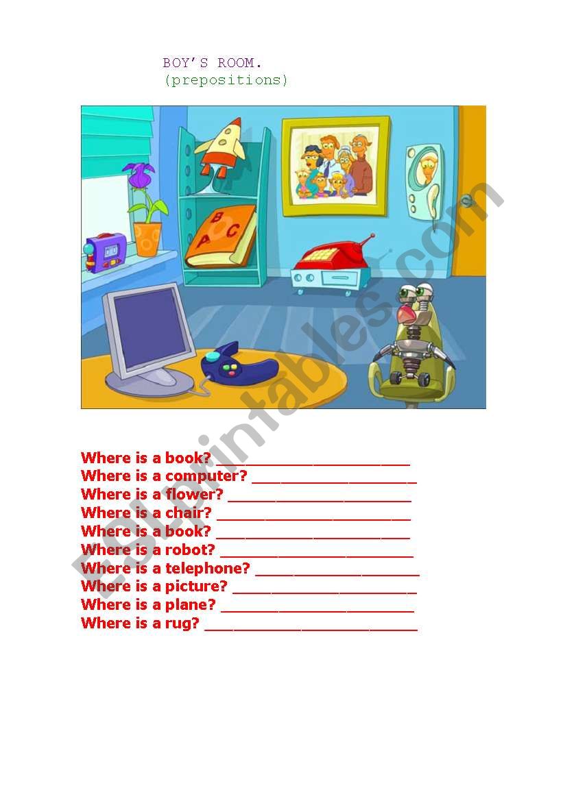 BoyÂ´s room(prepositions) worksheet