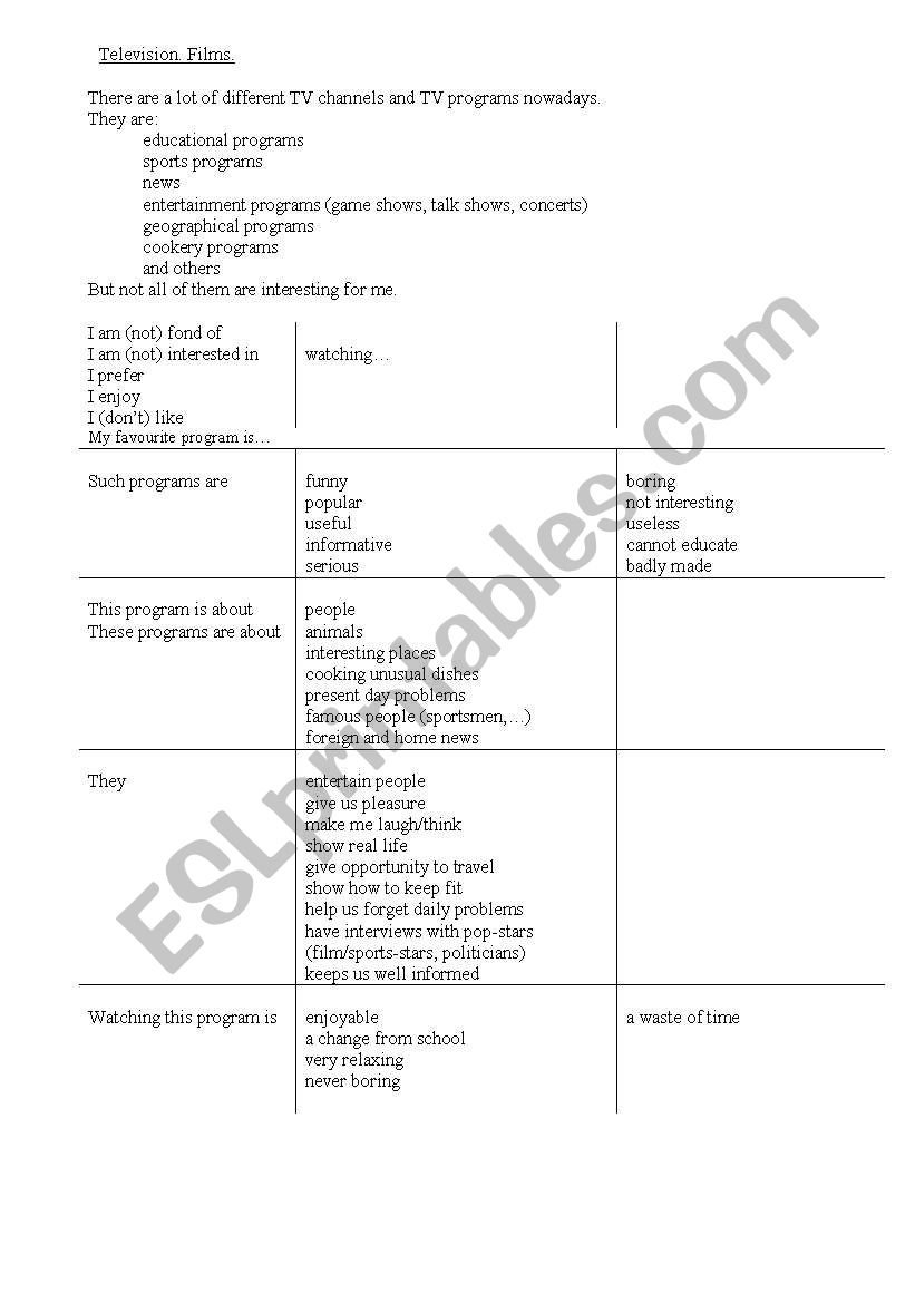 Television. Films. worksheet