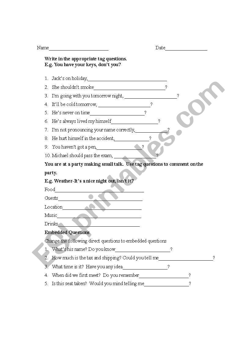 Quiz embedded questions, tags worksheet