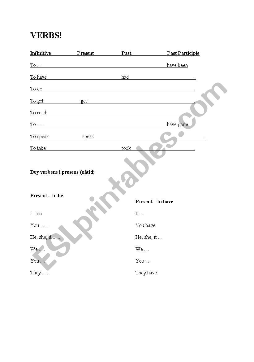 Irregular verbs test worksheet