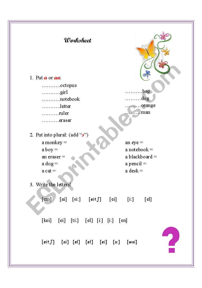 articles/plural/ alphabet worksheet