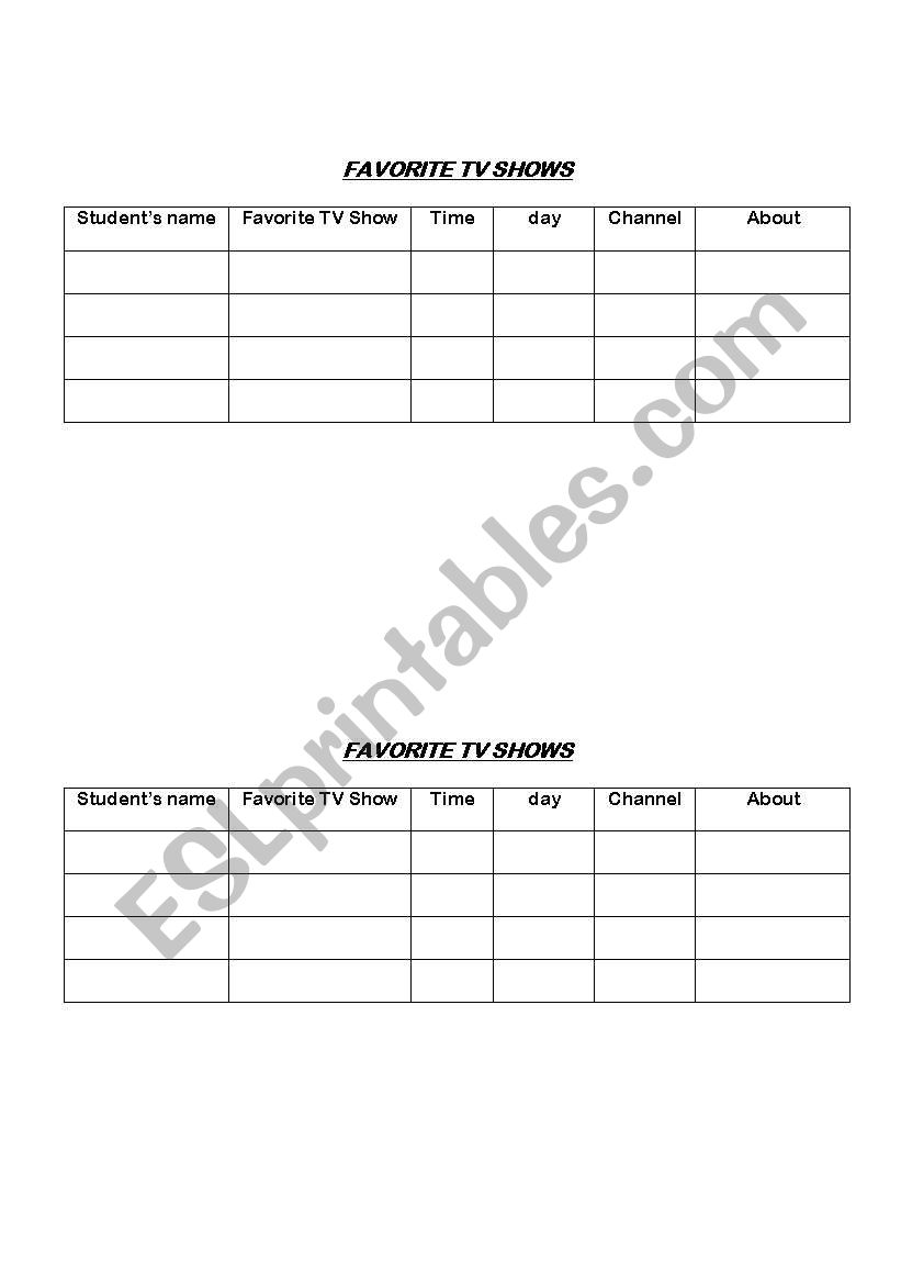 Favorite TV shows worksheet