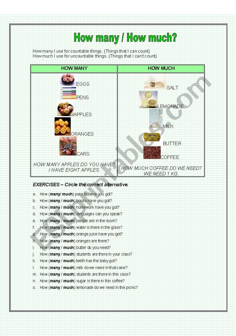 How many or how much? worksheet